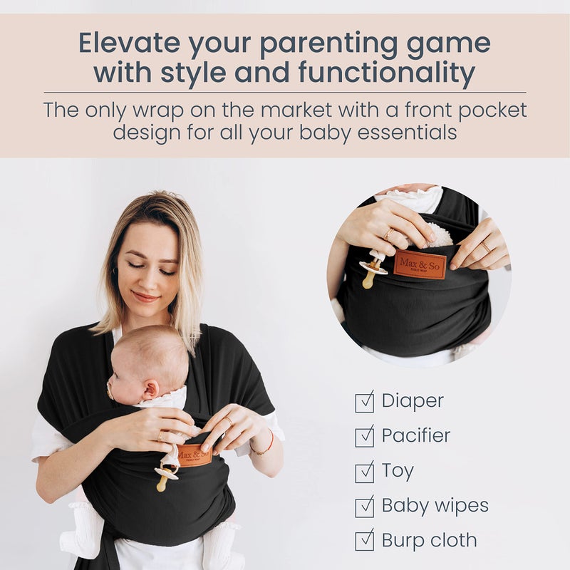 Max&So Baby Wrap Carrier - Premium Cotton Baby Carrier Wrap for Newborn to Toddler- Infant Carrier- Baby Holder One Size Fits All with Front Pocket (Black) by Max&so - Image 4